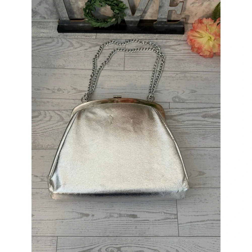 Vintage 1960s Silver Evening Bag Metal Rose Clasp Double Chain Handles Lined GUC